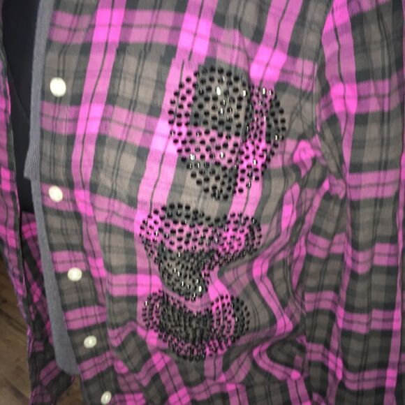 Victoria’s Secret pink plaid, sequined heart button down shirt - Picture 2 of 3